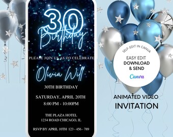 May include: A black and blue animated video invitation for a 30th birthday party. The invitation features a neon blue 30 with the word "Birthday" in cursive script. The invitation also includes the name "Olivia Will", the date and time of the party, the location, and the RSVP information. The invitation is surrounded by silver and blue balloons with stars.