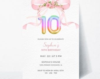 Invitación de cumpleaños número 10 con lazo rosa: Plantilla editable de Canva (descarga digital)
