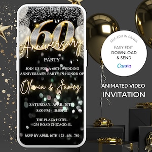 Einladung zum 60-jährigen Jubiläum, Glitter Hochzeitstag einladen, Digitales Video Hochzeitstag, Jubiläum einladen, bearbeitbare Vorlage
