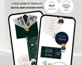 Ralph Lauren Green Plaid Baby Shower Website Template with RSVP, Editable Canva Template