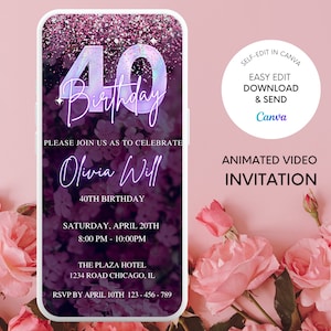 Digitale uitnodiging voor 40e verjaardagsfeestje, vrouwen veertigste verjaardag uitnodigen, elektronische verjaardagsuitnodiging, uitnodiging voor haar, paarse neon bloemen