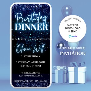 Birthday Dinner Party Invitation, Electronic Text Message Evite, Neon Blue Glitter Drip, Digital Editable Template, Instant Download