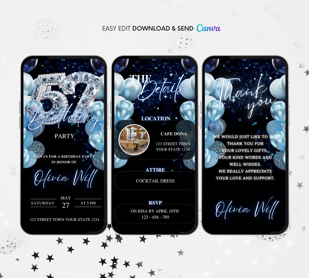57th Birthday Invitation, Blue 57th Birthday Party Animated Invitation ...