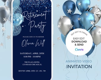 Retirement Party Video Invitation, Blue Gold Balloons Party Invite, Mobile Retirement Invitation, dinner party invite, Editable, Printable