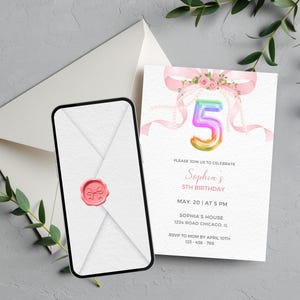 Pink Bow 5th Birthday Invitation, Turning Five Girl Birthday Invite, Editable Elegant 5th Pink Ribbon Theme Party Invitation Canva