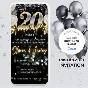 Invitación para el 20.° aniversario, invitación para el aniversario de bodas con brillo, video digital para el aniversario de bodas, invitación para el aniversario, plantilla editable