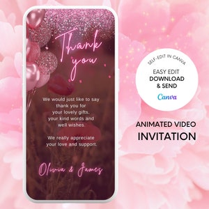 Tarjeta electrónica de agradecimiento de cumpleaños en formato digital en video, nota de agradecimiento electrónica con forma de corazón rosa, mensaje de texto de agradecimiento, plantilla editable, texto de Evite