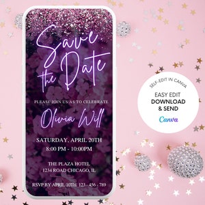 Digital Pink Neon Floral Save the Date Invitation, Electronic Birthday Save the Dates Text Evite, Editable Template, Instant Download