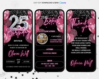 Plantilla de video invitación para 25 cumpleaños con globos rosas (descarga digital)