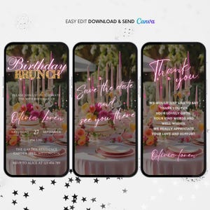 Geburtstags-Brunch-Einladung, rosa Brunch-animierte Einladung, bearbeitbare Brunch-Party-Digital-Video-Einladung, Frühstücks-Geburtstags-Blumenparty