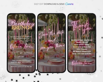 Pink Floral Birthday Brunch Animated Invitation (Digital Video)