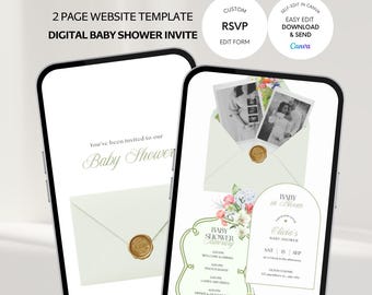 Plantilla de invitación para baby shower con flores silvestres: verde salvia, sitio web editable de Canva (descarga digital)