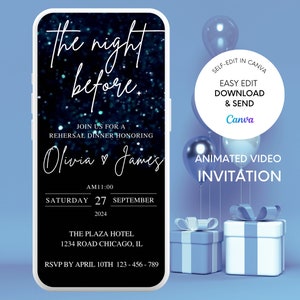 Electronic Rehearsal Dinner Invitation Template, Blue Glitter, Text Message Wedding Rehearsal Dinner, The Night Before Invitation
