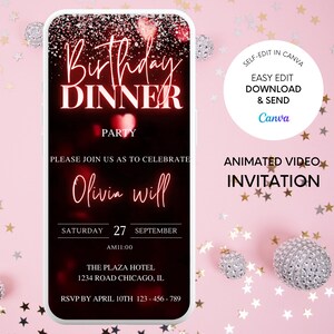 Birthday Dinner Party Invitation, Electronic Text Message Evite, Neon Red Heart Drip, Editable Template, Instant Download, Any Age