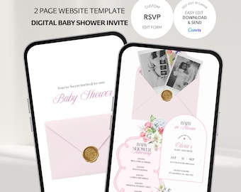 Bloom Baby Shower Invitation Template, pink 2 Page Mobile Invite with RSVP, Custom Envelope