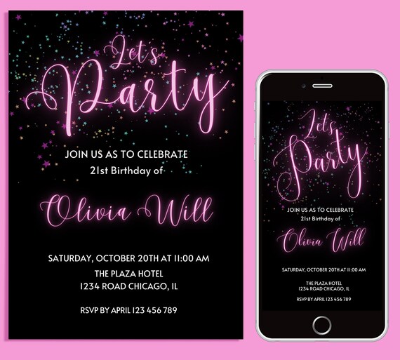 Neon Light Birthday Invitation Editable Template Adult Bday - Etsy