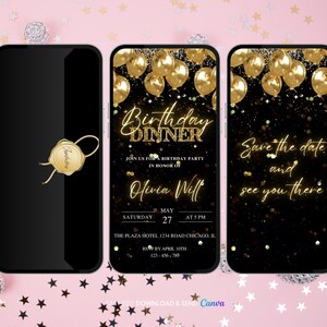 Birthday Dinner Invitation, Gold Dinner Party Animated Invitation, Editable Birthday Party Digital Video Invite, Dinner & Drinks