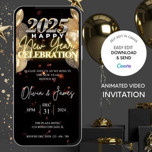 Tarjeta digital de Feliz Año Nuevo con video animado Tarjeta electrónica de Feliz Año Nuevo Fuegos artificiales - Año Nuevo 2025