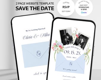 Blue Save The Date Website Template Classic, Wedding Invitation with RSVP/Details (Canva Digital Download)