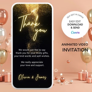 Plantilla de tarjeta de agradecimiento en video digital, tarjeta electrónica de agradecimiento dorada brillante para teléfono móvil, nota de agradecimiento conmemorativa sin papel