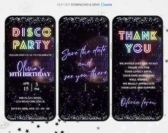 Disco Party Video Invitation: Neon Dance Template (Digital Download)