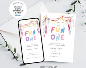 Fun to Be One 1st Birthday Invitation Template, Colorful Carnival Ribbon First Birthday Invite, Editable Canva Template