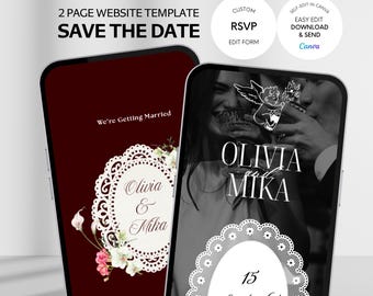 Burgundy Save the Date, Wedding Website 2Page Invite with RSVP, Elegant Lace, Canva Digital Invitation