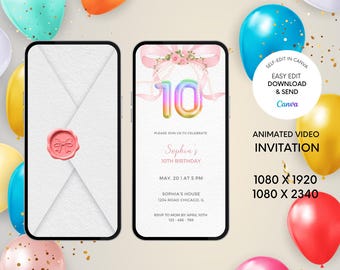 Invitación de cumpleaños número 10 con lazo rosa: Plantilla editable de Canva (descarga digital)