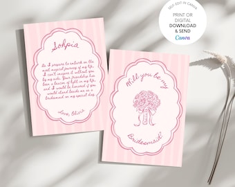 Pink Bridesmaid Proposal Card Template: Hand-Drawn Design (Digital Download, Canva Edit)