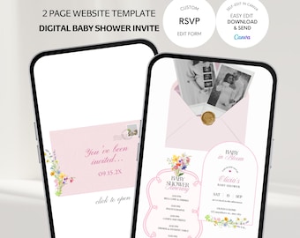 Site de convites para chá de bebê "Baby in Bloom", modelo editável no Canva, envelope personalizado (download digital)