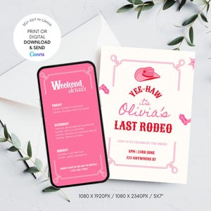 Last Rodeo Bachelorette Invite & Itinerary Template, Hen Do Nashville Bachelorette Weekend Invite Template, Cowgirl Western Country