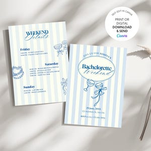 Blaue Bachelorette Einladung & Reiseplan Vorlage, bearbeitbare digitale Junggesellinnenparty, Bachelorette einladen, herunterladbare Junggesellinnenparty