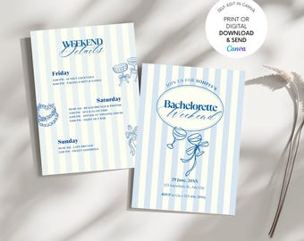 Blue Bachelorette Party Invitation & Itinerary Template (Digital Download, Editable in Canva