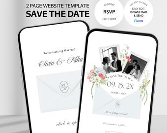 White Floral Save The Date Wedding Website Template: Custom RSVP, Classic Envelope Invitation (Digital Download)