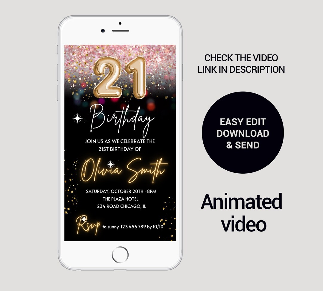 21st Birthday Invitation Electronic Video Invitation, Editable Template