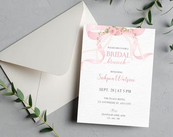 Pink Bow Bridal Brunch Invitation: Bright Floral Design (Digital Download, 5x7 in)