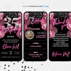 35th Birthday Invitation, Pink Balloons 35th Birthday Party Animated Invitation, Editable Birthday Digital Video Invite, Dinner Party Evite