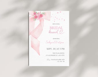 Pink Bow Floral Bridal Brunch Invitation Template (Digital Download, 5x7 in Canva Template)