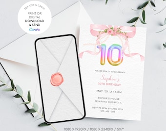 Invitación de cumpleaños número 10 de Pink Coquette: Moño (Descarga digital, plantilla de Canva)