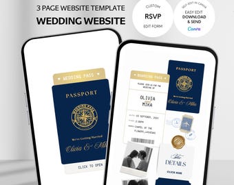 Passport Wedding Invitation Template, Destination Invite, Online RSVP, Boarding Pass Card,(Canva Template)