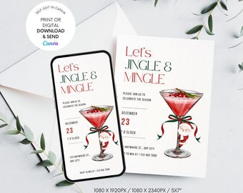 May include: A digital invitation and a smartphone display a festive design for a holiday party. The invitation reads "Let's Jingle & Mingle" with a cocktail illustration. The date is December 23rd, with a time and address listed. The Canva logo is visible.