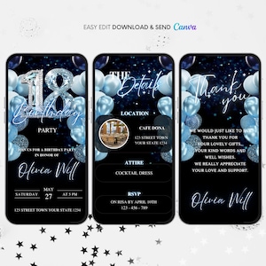 18th Birthday Invitation, Blue 18th Birthday Party Animated Invitation, Editable Birthday Digital Video Invite, Dinner Party Evite, Diamond