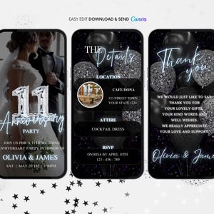 Convite para 11º aniversário, convite animado para festa de bodas de prata, convite digital editável para aniversário, convite para aniversário de casamento