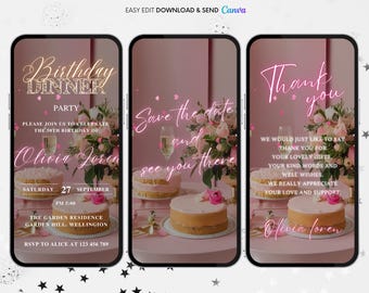Pink Floral Birthday Dinner Party Video Invitation (Digital Download)