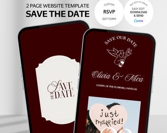 Elegant Burgundy Save The Date Wedding Website Template: Custom RSVP, Classic Invitation (Digital Download)