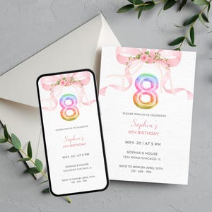 8th Birthday Party Invitation, eight Birthday, Editable Template, 8th Birthday Party, Princess Party, Rainbow, Turning 8, bow floral Invite