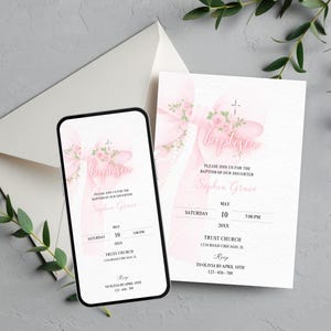 Pink Bow Baptism Invitation Template, Watercolor Floral Coquette Girl Printable Christening Invite Editable Baptism Digital Instant Download