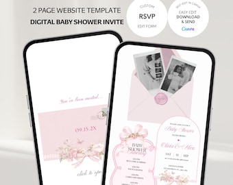 Pink Bow Baby Shower Digital Website Invite | Canva Template | Digital Download