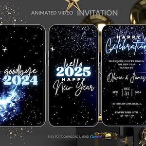 Invitación digital para fiesta de Nochevieja, tarjeta de feliz año nuevo con video animado, feliz año nuevo - Año Nuevo 2025, plantilla editable