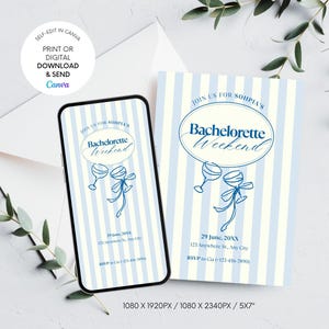 Blaue Bachelorette Einladung & Reiseplan Vorlage, bearbeitbare digitale Junggesellinnenparty, Bachelorette einladen, herunterladbare Junggesellinnenparty